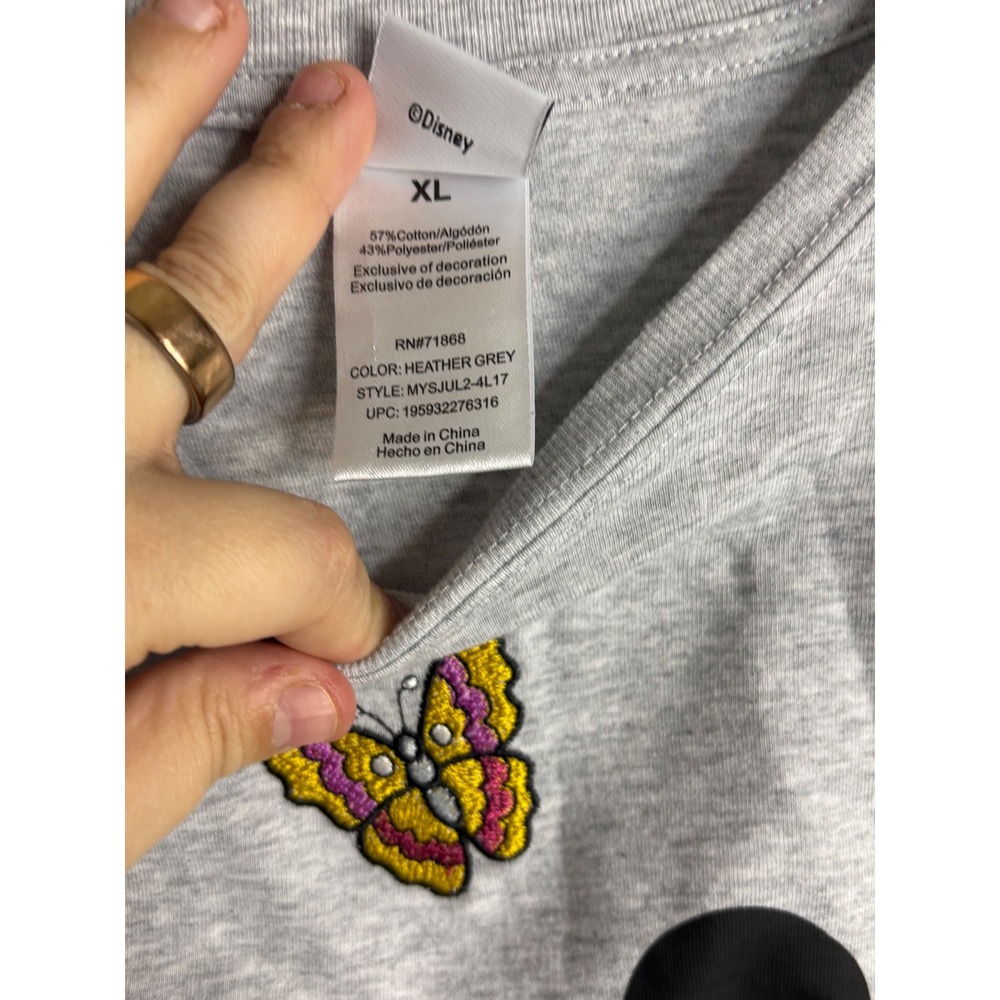 Disney Mickey‎ Mouse T-Shirt Womens XL Heather Grey Embroidered Butterfly Floral - Picture 4 of 5